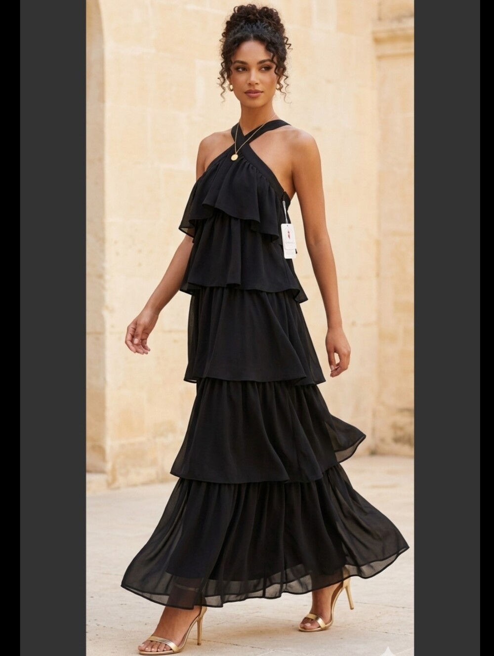 NWT Black Chiffon Tiered Halter Maxi Dress - Formal Size 4